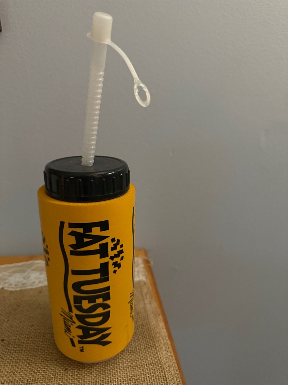 Fat Tuesday Yellow Foam Can Cooler with Black Lid